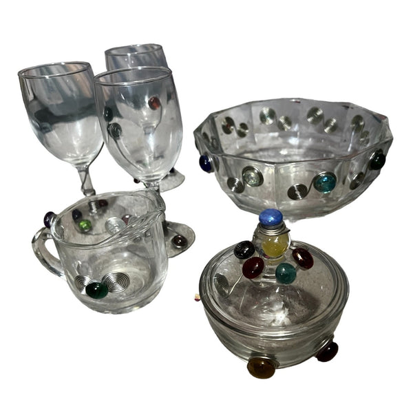 Retro 6 Piece Wine and Snack Serving Set Glass with Jeweled Art Deco Embellished with Wire & Glass Jewels