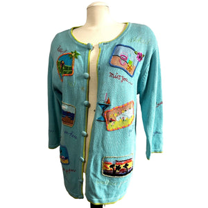 Vintage Oversized Vacation Fun Knit Cardigan Sweater Sz L Womens by Ashlyn Kate Blue Colorful