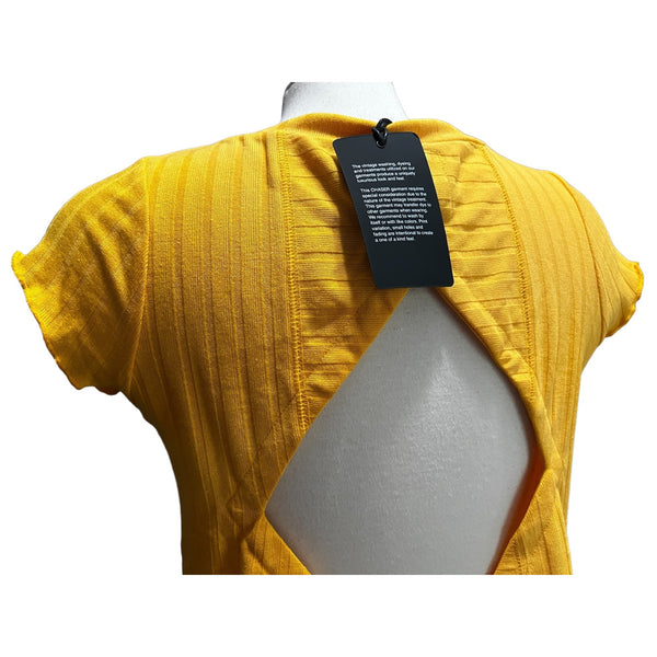 Chaser NWT Open Diamond Backless Ribbed Short Sleeve Casual Blouse Sz S Womens Yellow V Neck Revolve