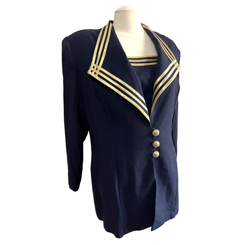 Vintage 1980's Bold Collar Sailor Blazer Top Sz Large Womens Navy Blue Gold