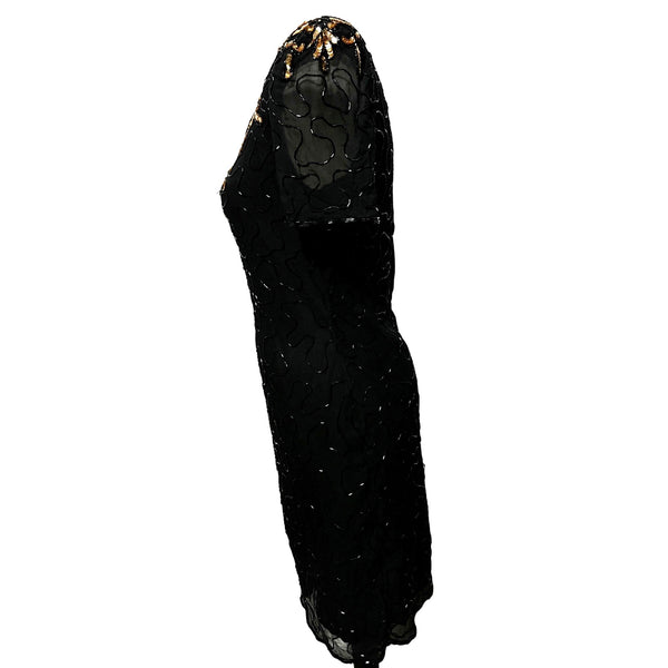 Vintage Black Sequin Beaded Silk Cocktail Dress Sz Medium by Silky Nites Petite Gold Short Sleeve