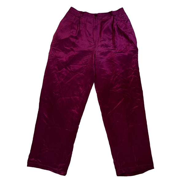 Vintage Bridgewater High Waisted 80's Silk Straight Leg Trouser Pants Sz 14 Petite Womens Burgundy