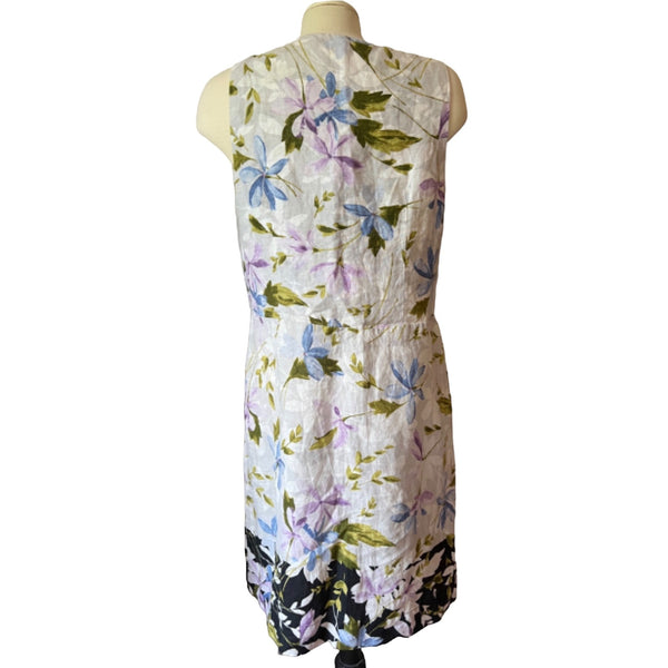 J. Jill Linen Floral Print Midi Dress Sz M Womens Summer Blue White Purple Sheath