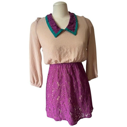 Flying Tomato Sheer Lacy Sz M Babydoll Dress Beige & Purple 3/4 Sleeve