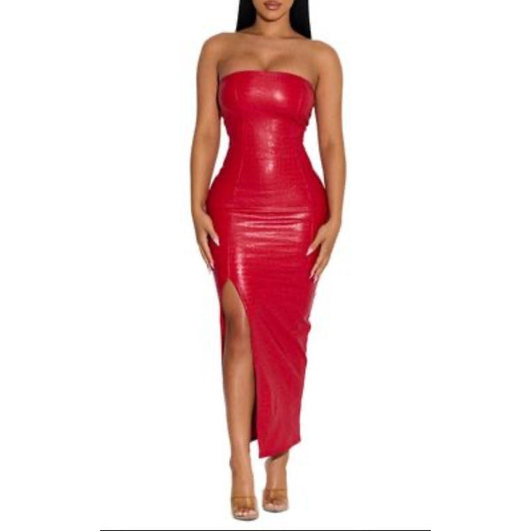 Naked Wardrobe NWT The Crocodile Chic Strapless Faux Leather Midi Dress Sz S Womens Red Strapless Bodycon