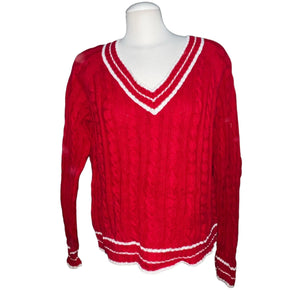 St. John's Bay V Neck Cable Knit Striped Hem Cotton Sweater Sz L Womens Red & White Long Sleeve