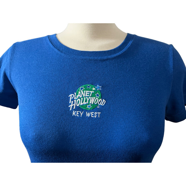 Vintage 1991 Planet Hollywood Key West Baby Tee Sz Large Womens Royal Blue