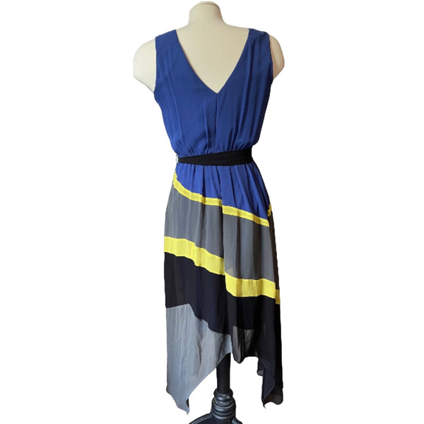 Max and Cleo Sheer Asymmetrical Dress Sz 4 Striped Blue, Yellow, & Gray Flirty