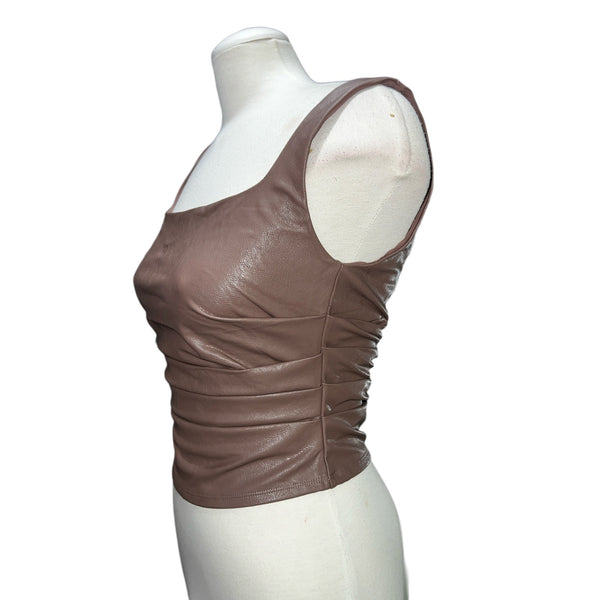 Naked Wardrobe NWT Glitter Square Neck Faux Leather Top Sz M Womens Taupe Pleated Front Zip Back