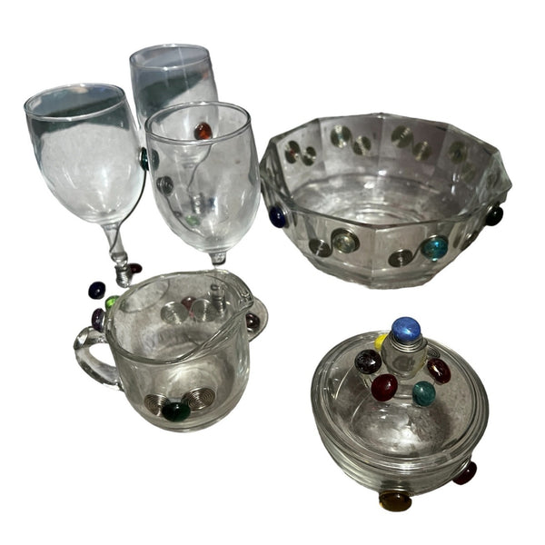 Retro 6 Piece Wine and Snack Serving Set Glass with Jeweled Art Deco Embellished with Wire & Glass Jewels