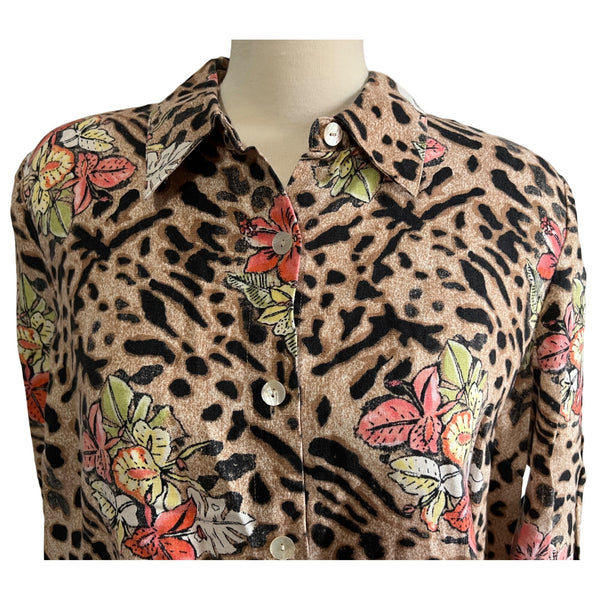 Vintage Studio Works Linen Cheetah Print Floral Button Down Shirt Sz L Womens Nineties Blouse