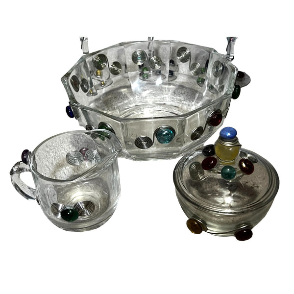 Retro 6 Piece Wine and Snack Serving Set Glass with Jeweled Art Deco Embellished with Wire & Glass Jewels