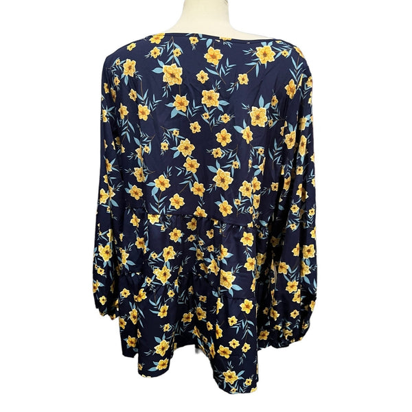 BloomChic NWT Floral Print Lantern Sleeve Gathered Blouse Sz 26 (4XL) Womens Tops Plus Navy Yellow Floral
