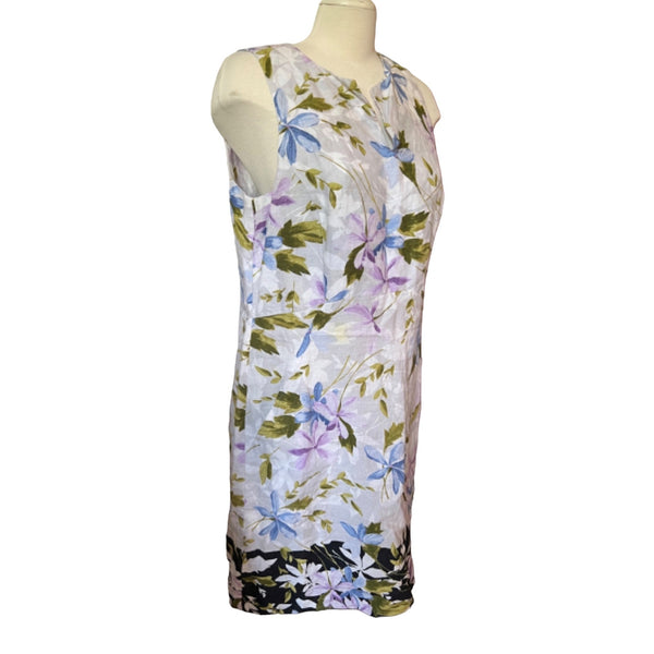 J. Jill Linen Floral Print Midi Dress Sz M Womens Summer Blue White Purple Sheath