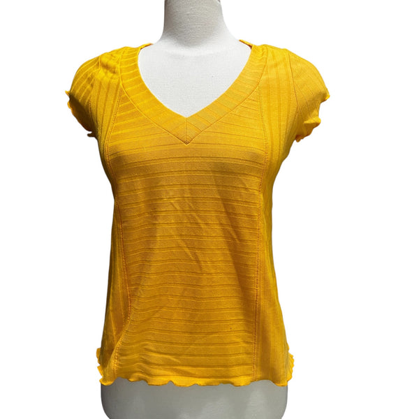 Chaser NWT Open Diamond Backless Ribbed Short Sleeve Casual Blouse Sz S Womens Yellow V Neck Revolve