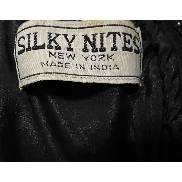 Vintage Black Sequin Beaded Silk Cocktail Dress Sz Medium by Silky Nites Petite Gold Short Sleeve