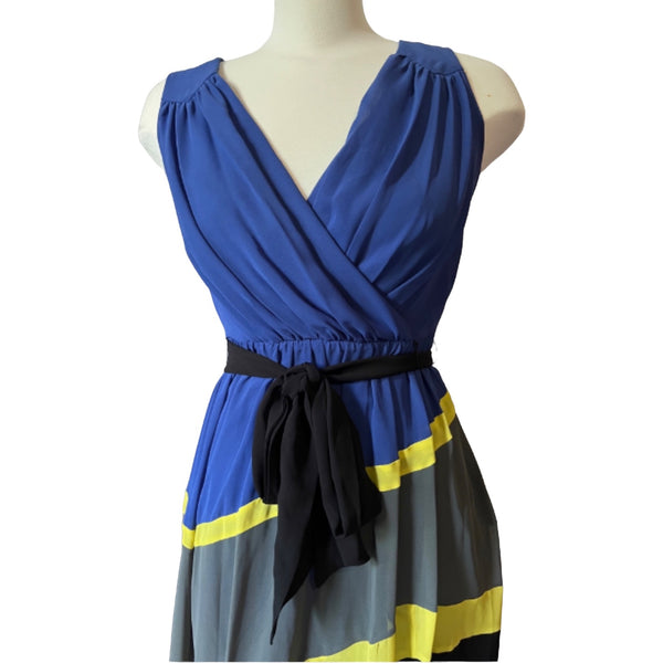 Max and Cleo Sheer Asymmetrical Dress Sz 4 Striped Blue, Yellow, & Gray Flirty