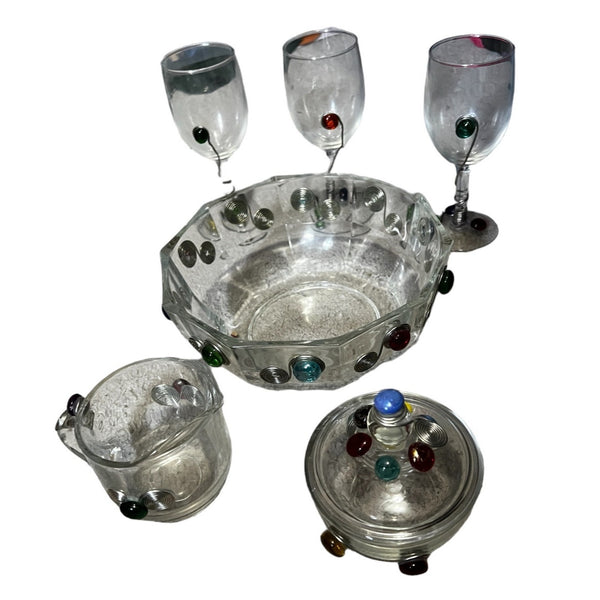 Retro 6 Piece Wine and Snack Serving Set Glass with Jeweled Art Deco Embellished with Wire & Glass Jewels