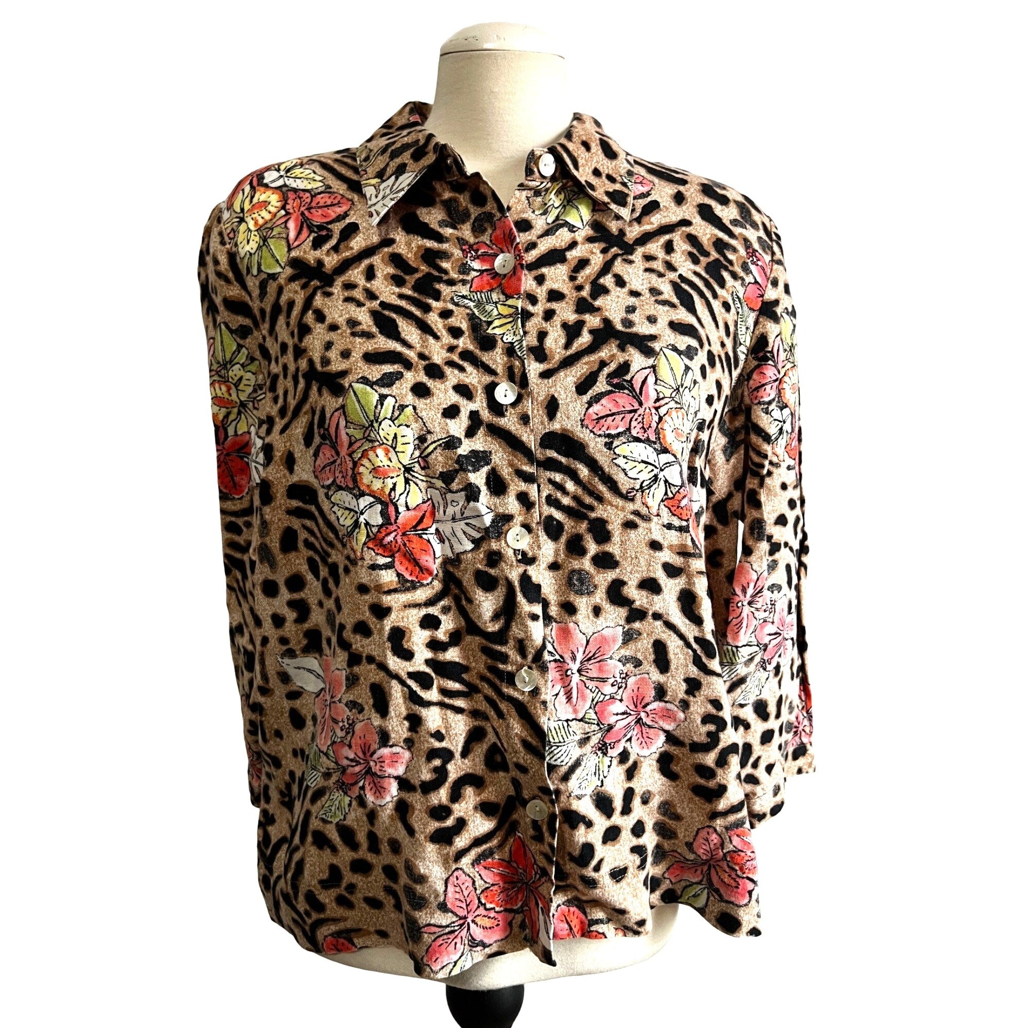 Vintage Studio Works Linen Cheetah Print Floral Button Down Shirt Sz L Womens Nineties Blouse
