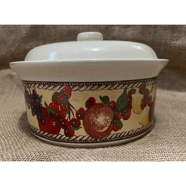 Vintage 3 Quart Clay Casserole Baking Dish with Lid and Fruit Painted