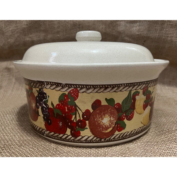 Vintage 3 Quart Clay Casserole Baking Dish with Lid and Fruit Painted