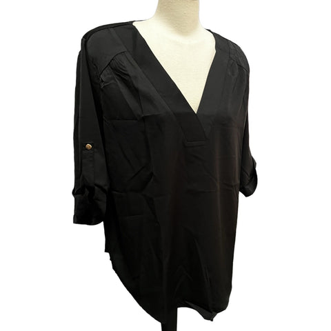 BloomChic NWT Relaxed Fit V Neck Cuff 3/4 Sleeve Career Blouse Sz 14/16 (XL) Womens Black