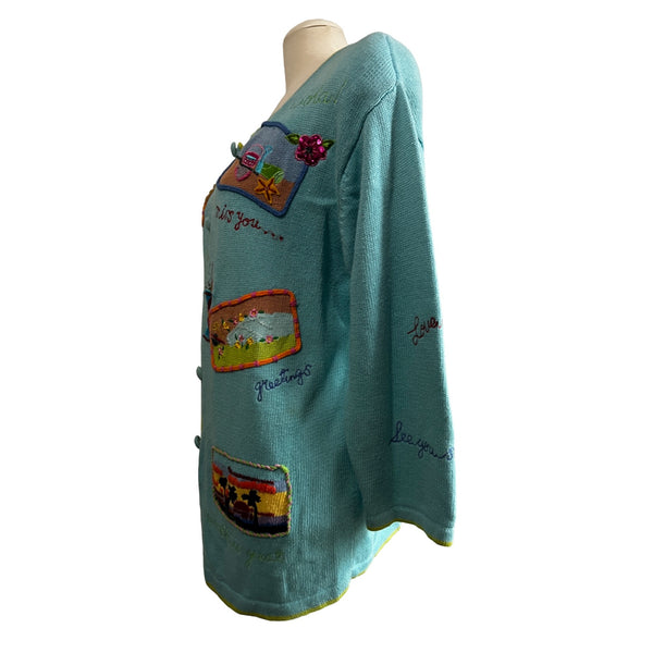 Vintage Oversized Vacation Fun Knit Cardigan Sweater Sz L Womens by Ashlyn Kate Blue Colorful