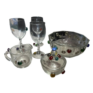 Retro 6 Piece Wine and Snack Serving Set Glass with Jeweled Art Deco Embellished with Wire & Glass Jewels