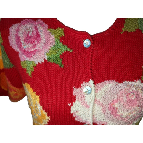 Susan Bristol Gorgeous Colorful Rose Sweater Sz Large Petite Red Adorable