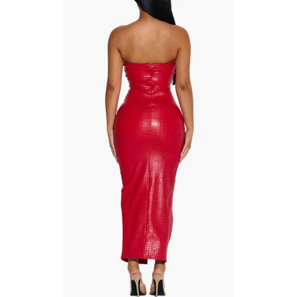 Naked Wardrobe NWT The Crocodile Chic Strapless Faux Leather Midi Dress Sz S Womens Red Strapless Bodycon