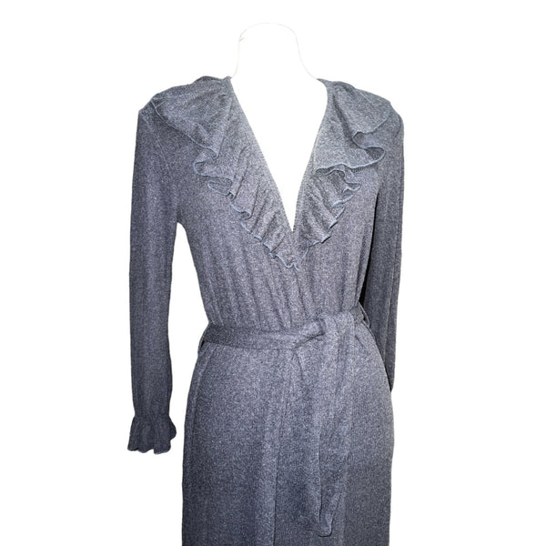 Chaser NWT Ribbed Ruffle Collar Duster Cardigan Sweater Sz M Womens Blue Grey Belted