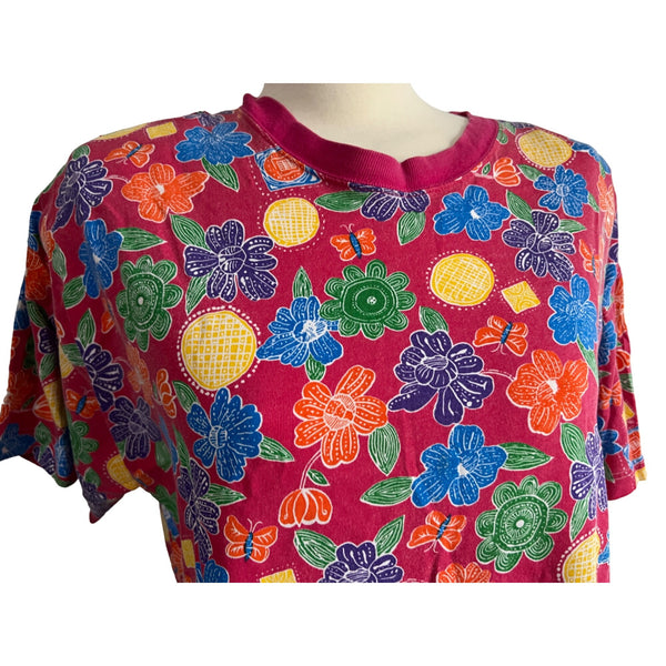 Vintage Interim Hot Pink Colorful Floral TShirt Sz Large Womens Short Sleeve