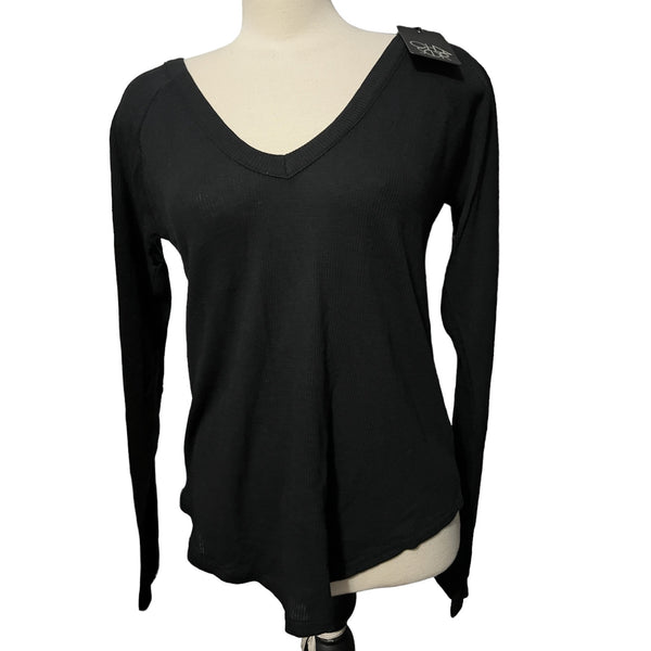 Chaser NWT VNeck Soft Waffle Knit Casual Shirt Sz S Womens Black Long Sleeve Light