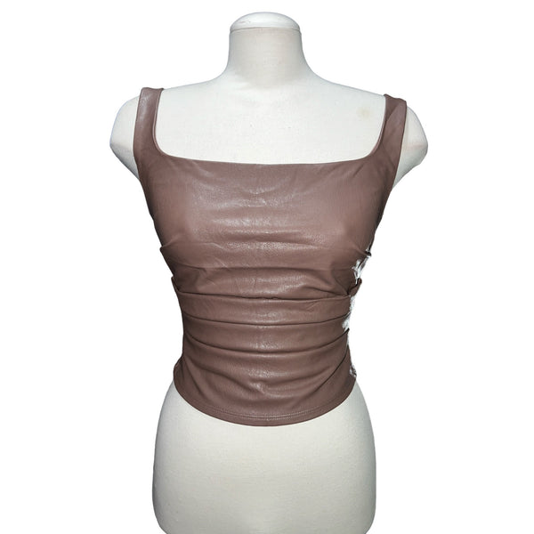 Naked Wardrobe NWT Glitter Square Neck Faux Leather Top Sz M Womens Taupe Pleated Front Zip Back