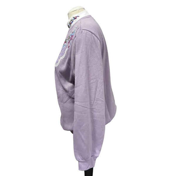 Vintage Mock Neck Floral Embroidered Sweatshirt by Blair Sz M Womens Lilac Purple Long Sleeve Sweater
