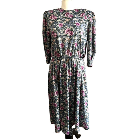 Vintage Floral Midi Dress Sz 16 Womens by Tabby Bright Green Purple 3/4 Sleeve