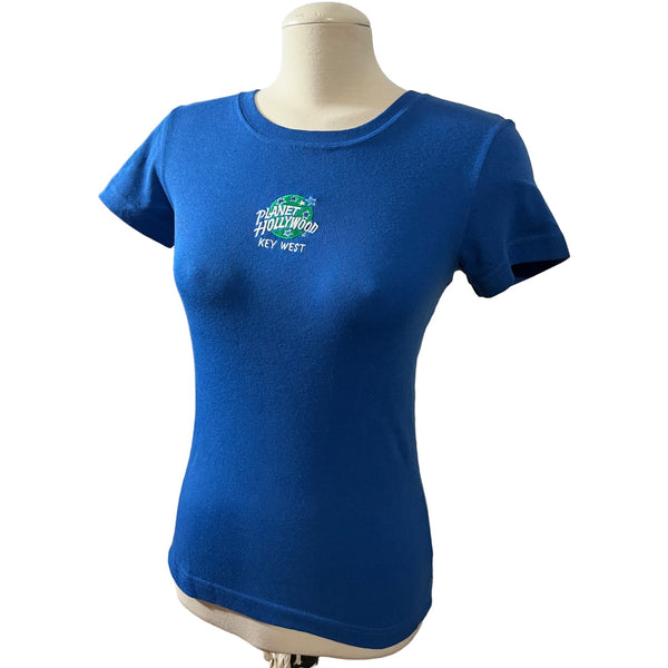 Vintage 1991 Planet Hollywood Key West Baby Tee Sz Large Womens Royal Blue