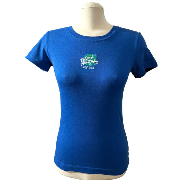 Vintage 1991 Planet Hollywood Key West Baby Tee Sz Large Womens Royal Blue