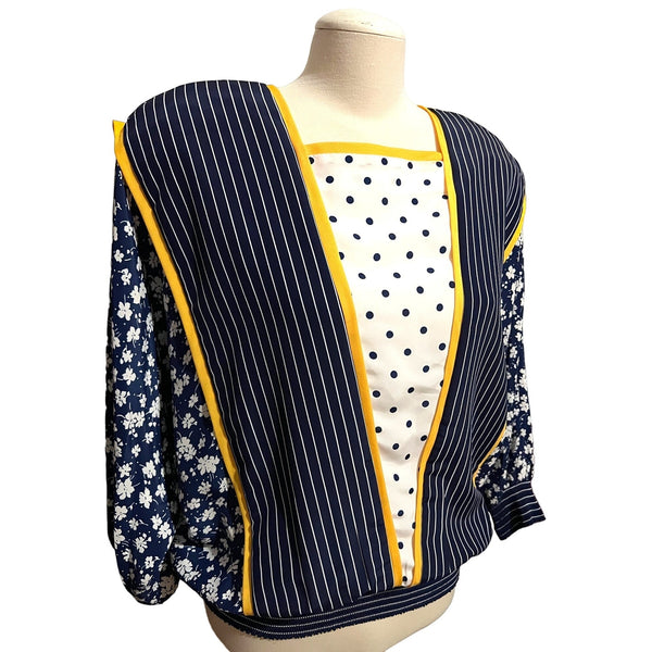 Vintage Jo Hardin Polka Dot Wide Shoulder Blouse Sz 14, Women's Retro Sailor Style Lapel Shirt
