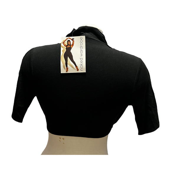 Naked Wardrobe NWT Cowl V Neck Short Sleeve Ribbed Cropped Shrug Shirt Sz L Womens Black Cover Up