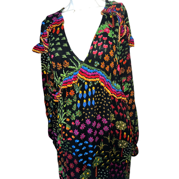 Farm Rio NWT Fruit Garden Maxi Dress Sz S Womens MultiColor Ruffle Shoulder Long Sleeve Dress