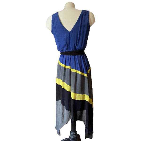 Max and Cleo Sheer Asymmetrical Dress Sz 4 Striped Blue, Yellow, & Gray Flirty