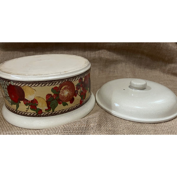 Vintage 3 Quart Clay Casserole Baking Dish with Lid and Fruit Painted