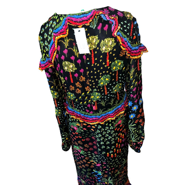 Farm Rio NWT Fruit Garden Maxi Dress Sz S Womens MultiColor Ruffle Shoulder Long Sleeve Dress