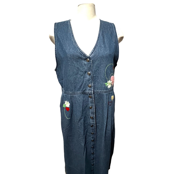 Vintage Denim Cottage Core Dress Sz Large with Embroidered Hearts by Breckenridge