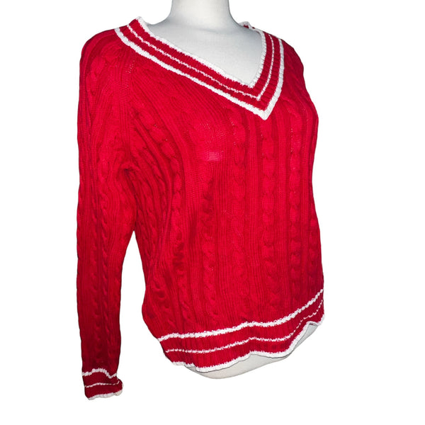 St. John's Bay V Neck Cable Knit Striped Hem Cotton Sweater Sz L Womens Red & White Long Sleeve