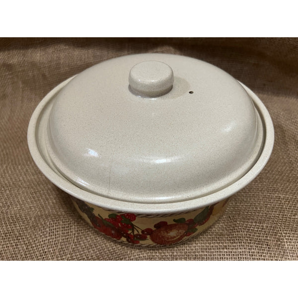 Vintage 3 Quart Clay Casserole Baking Dish with Lid and Fruit Painted