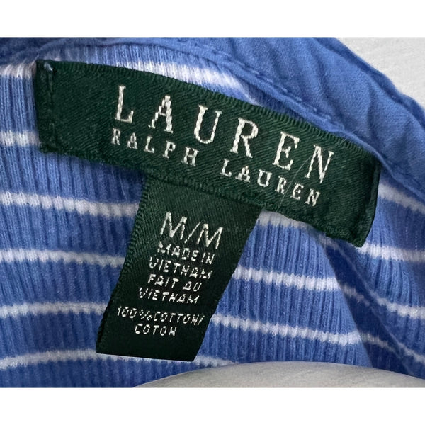 Vintage Ralph Lauren Sz M Women Blue Ribbed Ruffle VNeck 3/4 Sleeve Blouse