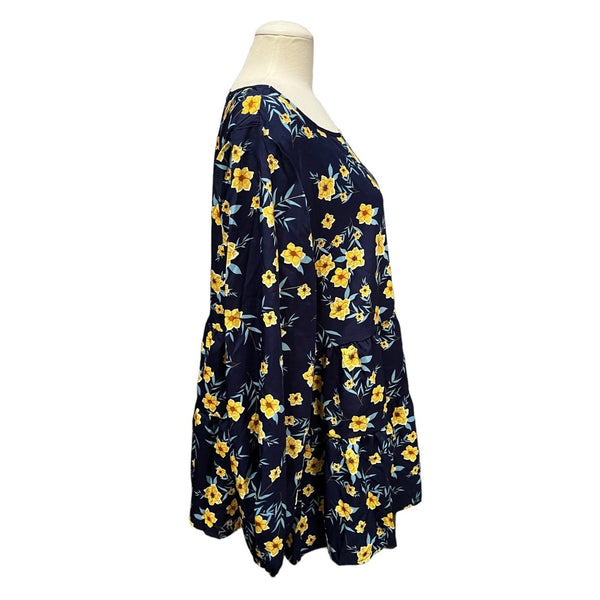 BloomChic NWT Floral Print Lantern Sleeve Gathered Blouse Sz 26 (4XL) Womens Tops Plus Navy Yellow Floral