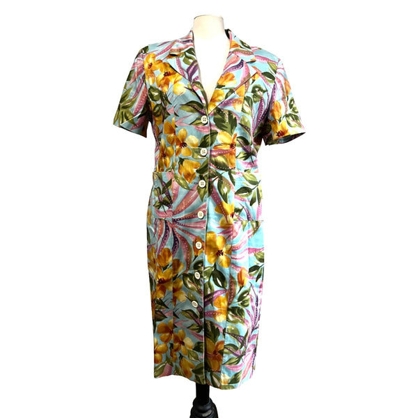 Vintage Harve Benard Colorful Floral Button Down Dress Sz 16 Womens Collared Short Sleeve